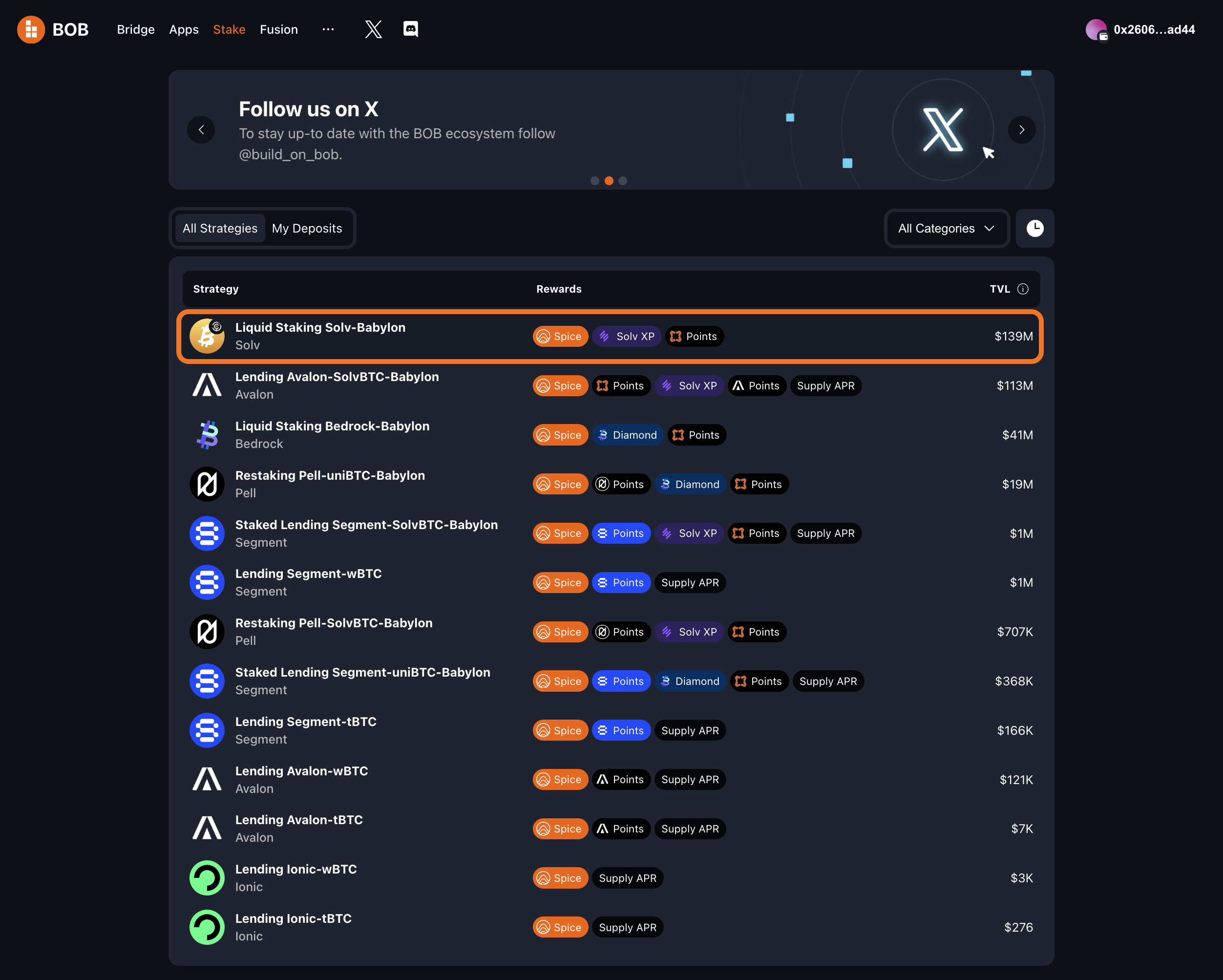 Staking strategy options with one highlighted